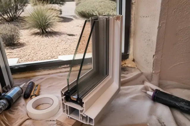 Cross-section of dual-pane low-E glass in a window frame during a residential installation in Phoenix, AZ.