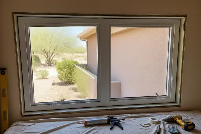 Dual-pane window frame installation at a residential job site in Phoenix, AZ.