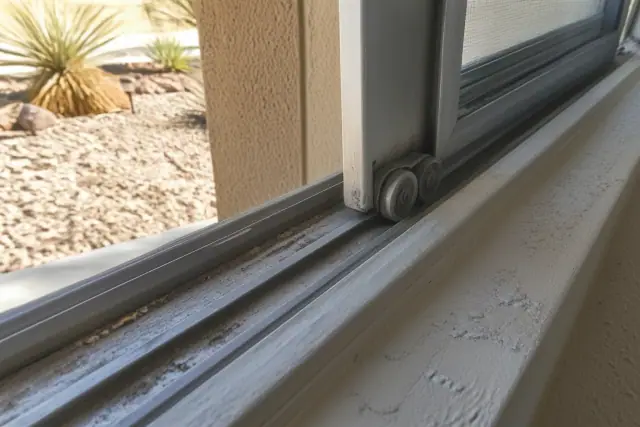 Dust-worn sliding window track and rollers being cleaned and lubricated at a home in Phoenix, AZ.