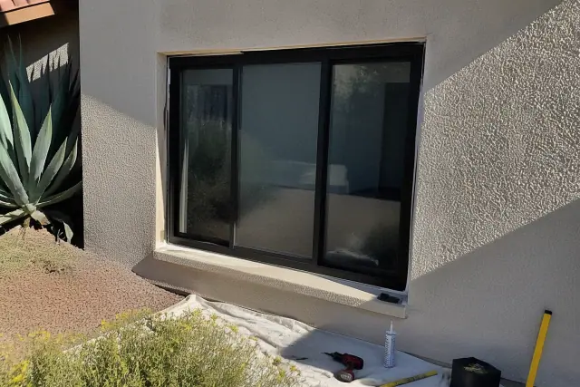 A window frame being repaired with tools and sealing materials on a drop cloth at a job site in Phoenix, AZ.