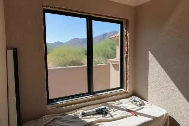 New window frame installation with tools and sealing materials on a worksite in Phoenix, AZ.