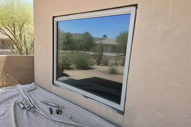Window replacement in progress on a stucco home in Phoenix, AZ, showing a new window frame, tools, and desert landscaping.