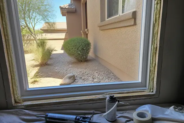 New energy-efficient window installation with foam insulation on a residential worksite in Queen Creek, AZ.