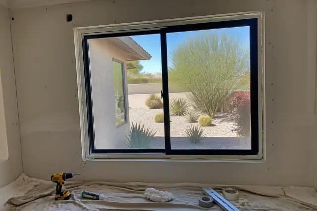 Energy-efficient window installation in a Phoenix, AZ home showing tools and desert landscaping through the frame.