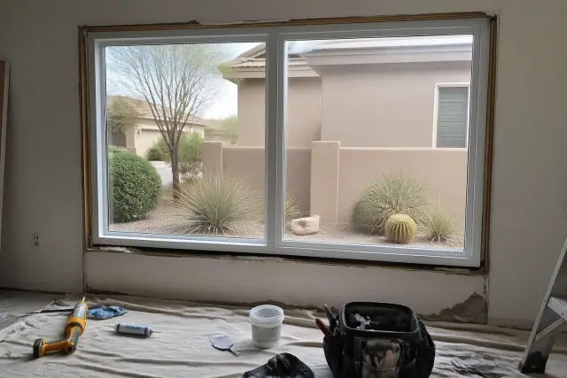 Energy-efficient window frame installation with tools and sealants visible in a Chandler, AZ home.