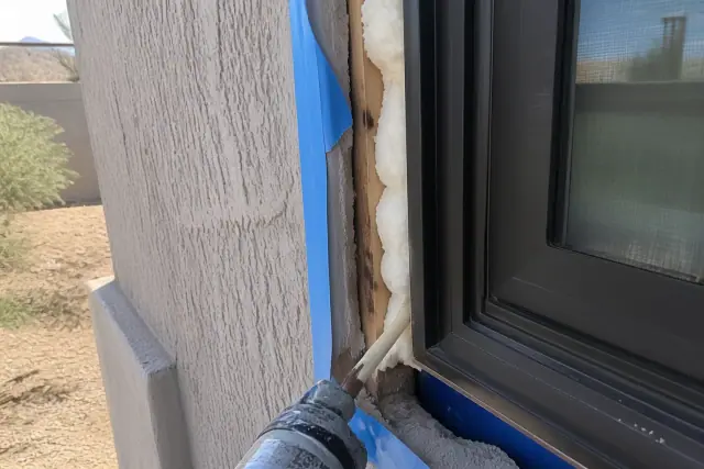 Insulating foam being applied to a window frame on a stucco house in Scottsdale, AZ.