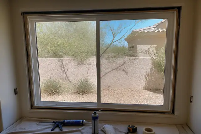 New window frame installation in progress at a home in Phoenix, AZ, with tools and materials on a drop cloth.