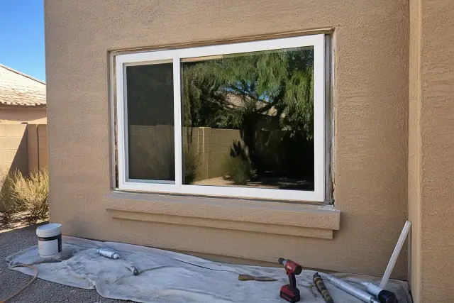 Energy-efficient window installation in progress at a residential worksite in Mesa, AZ.