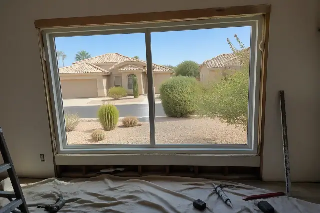New energy-efficient window frame installation in progress at a residential job site in Gilbert, AZ.