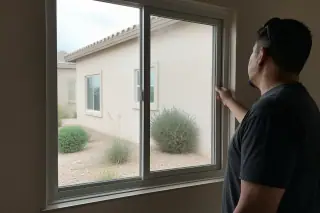 Technician checking a double-pane window at a stucco home with xeriscaped yard in Phoenix, AZ.