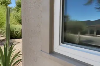 Freshly caulked window frame on a stucco home in Phoenix, AZ, with a desert landscape in the background.
