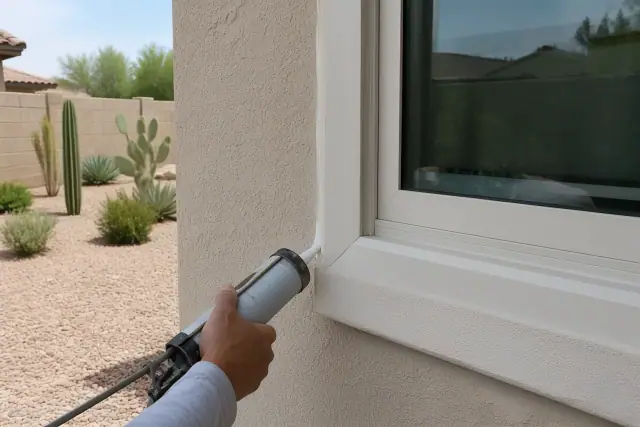 Contractor sealing a newly installed window frame with caulk on a stucco wall in Phoenix, AZ.