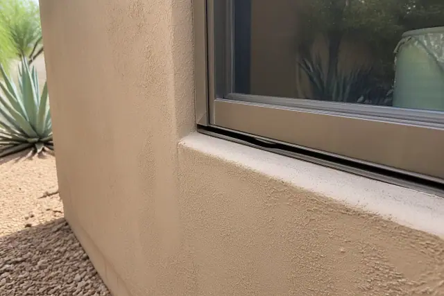 Air-leak gaps at a separated window perimeter seal against sun-baked stucco in Phoenix, AZ.
