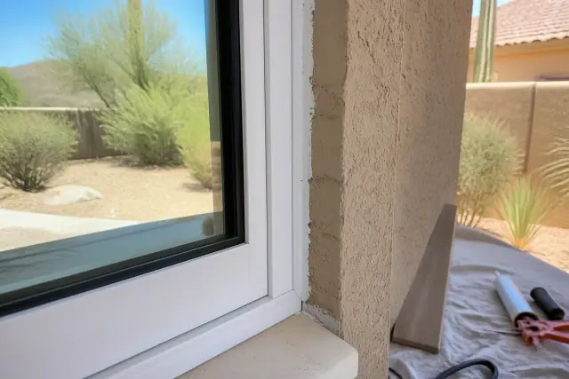 Window frame installation detail showing a sealant bead on a jobsite in Phoenix, AZ.