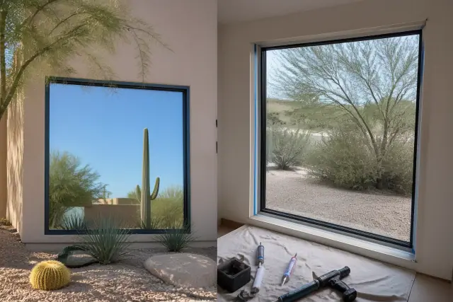A window frame installed in a stucco wall with construction tools on a drop cloth at a residential site in Phoenix, AZ.
