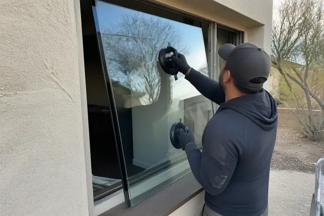Technician installing a replacement glass unit into an aluminum window frame at a jobsite in Phoenix, AZ.