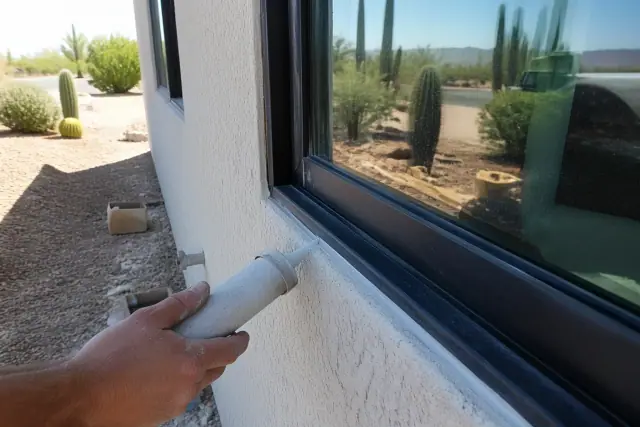 Heat transfer on a sun-exposed aluminum window frame with desert landscaping in Phoenix, AZ.