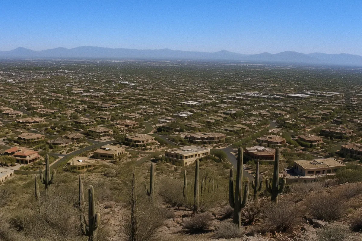 Aerial drone view of a residential neighborhood with Saguaro cacti and mountain silhouettes in Phoenix, AZ.