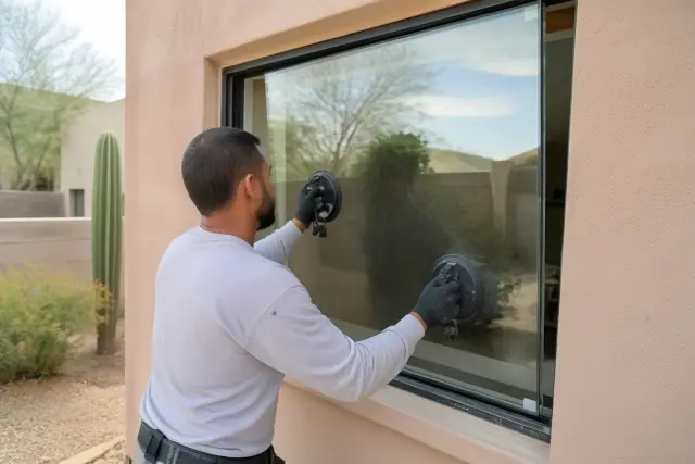Technician installing impact-resistant laminated glass into a window frame at a home in Phoenix, AZ.