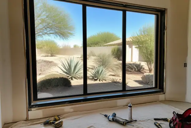 Low-E double-pane window frame installation on a jobsite in Phoenix, AZ with tools and desert landscaping visible.
