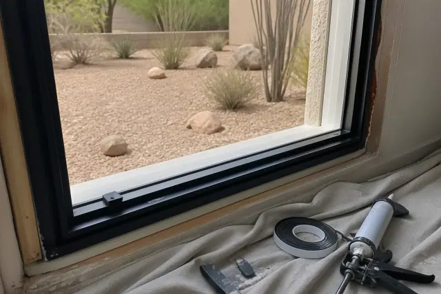 Thermal-break window frame installation with tools and stucco wall in Phoenix, AZ.