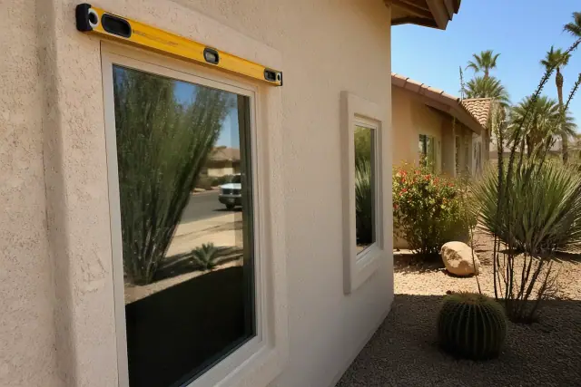 Spirit level on a window frame during a residential window installation in Phoenix, AZ.