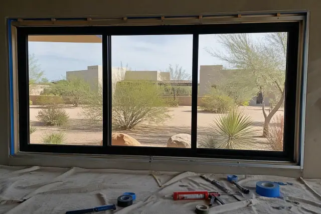 Installation of multi-panel sliding window frames at a residential construction site in Phoenix, AZ.