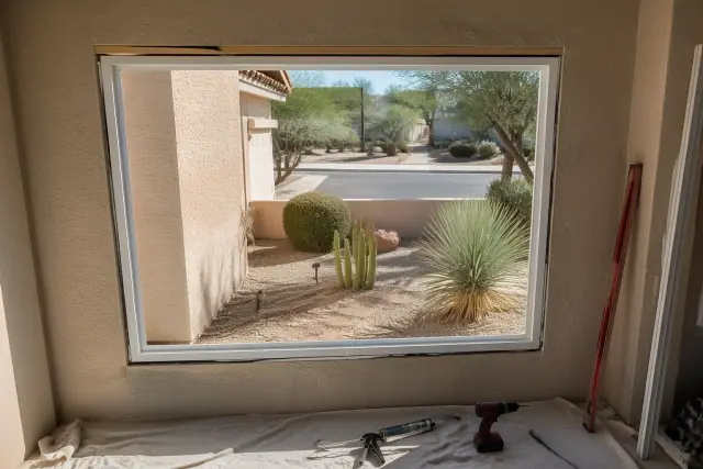 New vinyl window frame installed in a home in Phoenix, AZ, with tools and materials on a drop cloth.