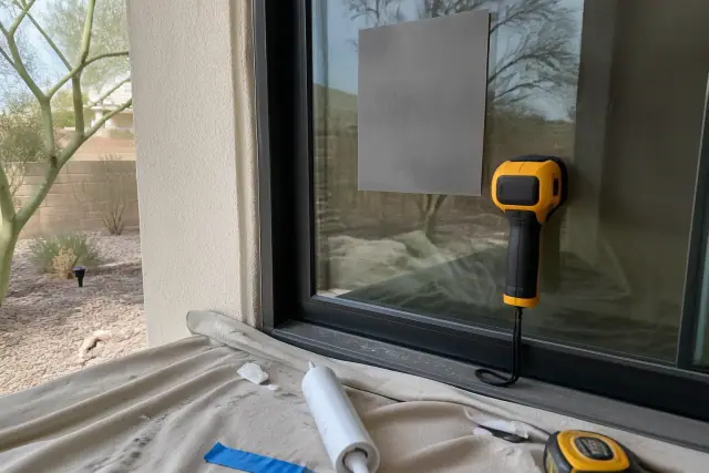 NFRC window label with a .27 U-factor on a framed window at a jobsite in Phoenix, AZ.