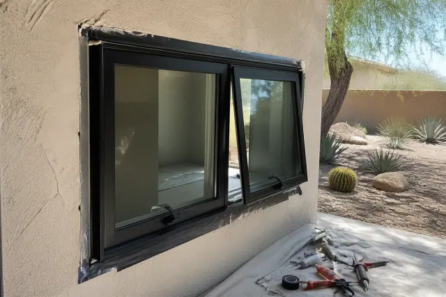 Custom window frame installation with operating hardware at a residential job site in Phoenix, AZ.