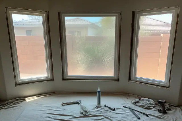 A new window frame installed in a stucco wall at a Phoenix, AZ worksite with tools on a drop cloth.