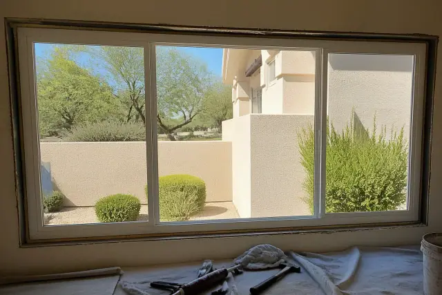 A window frame installation in a Phoenix, AZ home showing tools and sealing materials on a drop cloth.