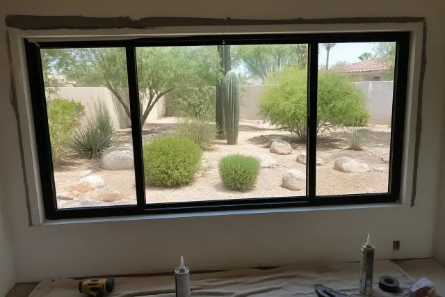Aluminum window frame installed in a Phoenix, AZ stucco wall with tools and desert landscape visible through the glass.