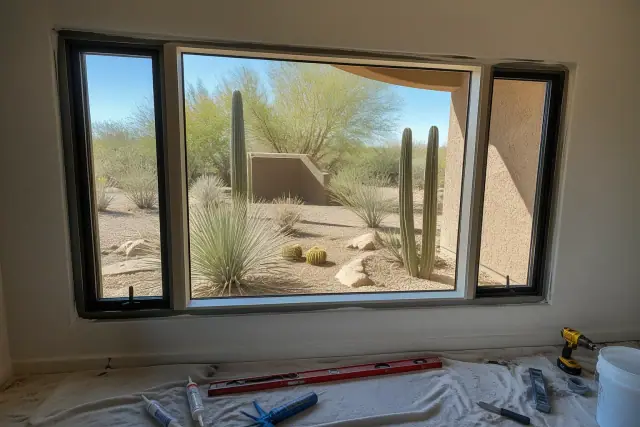 Window frame installation in progress with tools and desert landscaping visible in Phoenix, AZ.