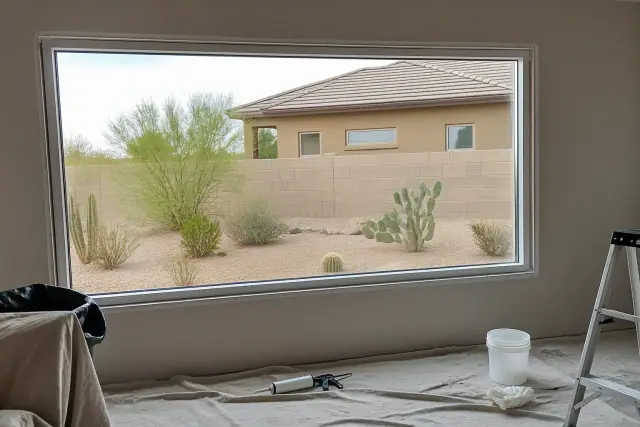 New picture window frame installation with sealant on a jobsite in Surprise, AZ.