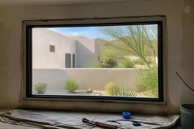 A picture window frame being installed in a residential stucco wall at a jobsite in Phoenix, AZ.