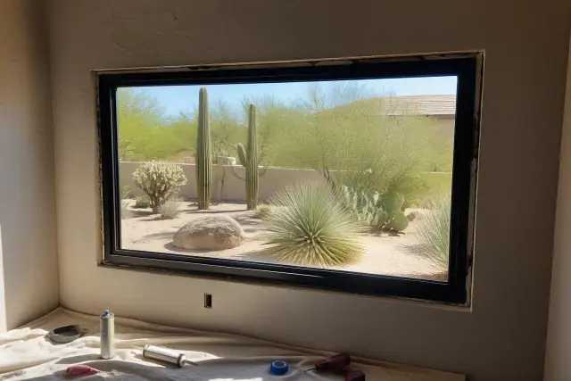 Window frame installation in a wall opening at a jobsite in Scottsdale, AZ, with tools on a drop cloth.
