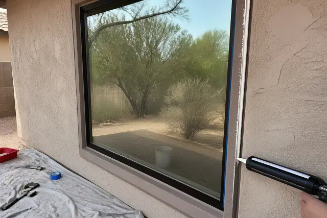 Picture window installation with sealant being applied to a residential wall in Peoria, AZ.