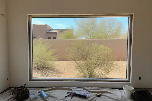 A window frame installed in a stucco wall with construction tools on a drop cloth at a job site in Mesa, AZ.