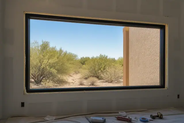 A window frame being installed with polyurethane sealant in a home in Goodyear, AZ.