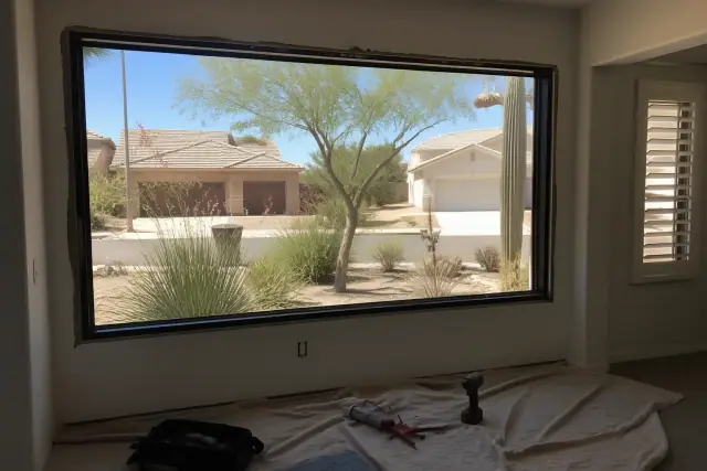 A window frame installation in progress on a residential job site in Gilbert, AZ with tools visible on a drop cloth.