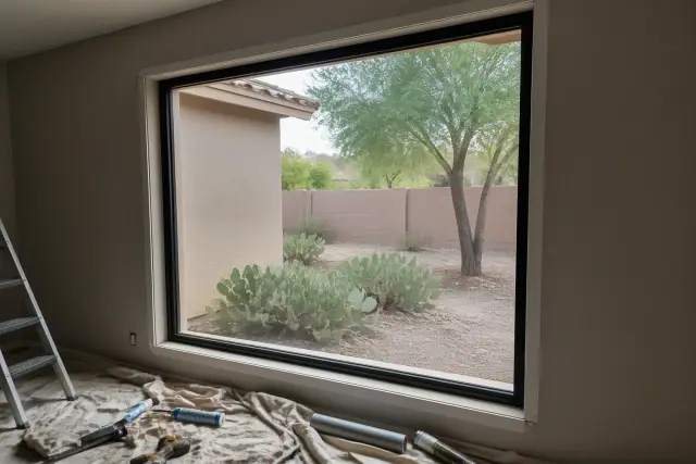 Interior window frame installation with tools and materials on a drop cloth at a stucco home in Glendale, AZ.