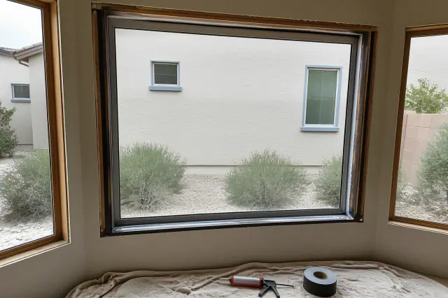 Picture window installation in a residential home in Queen Creek, AZ with tools and sealing materials on a drop cloth.