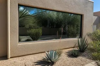 Finished picture window installation with tools on a drop cloth in a Phoenix, AZ home overlooking a desert yard.