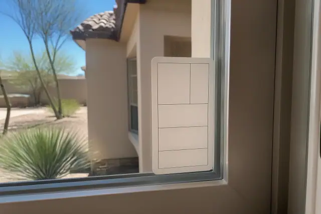 Blank NFRC thermal performance sticker on a newly installed residential window in Phoenix, AZ.