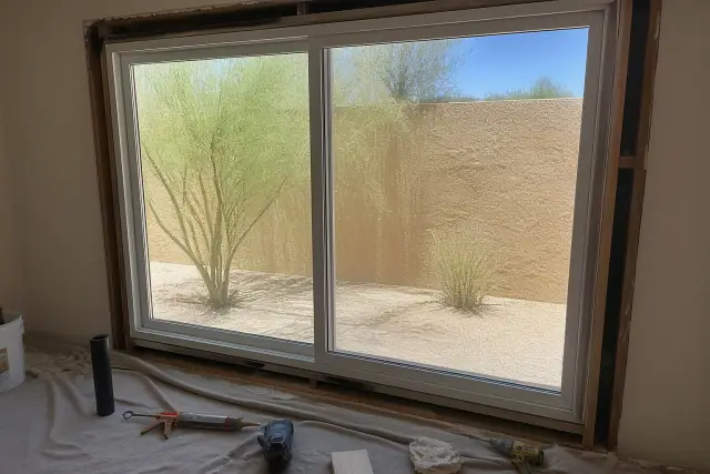 Reinforced vinyl window frame installation in progress at a home in Phoenix, AZ, with tools visible on a drop cloth.