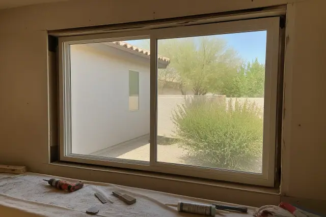 A window frame installation in a Phoenix, AZ home with tools and materials on a drop cloth.