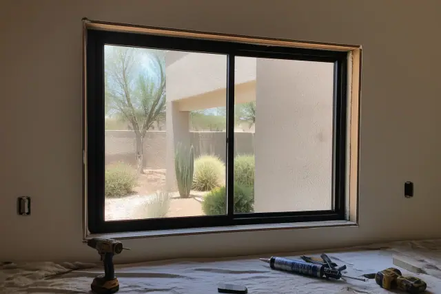 Retrofit window frame installation in a Phoenix, AZ home with tools and desert landscaping visible through the glass.