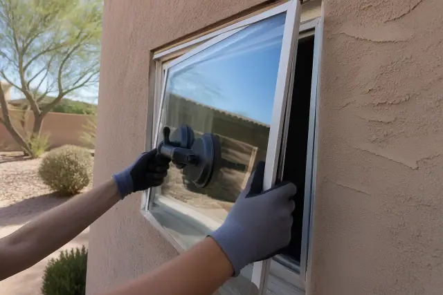 Technician using suction tools to install a replacement glass pane into a sash at a home in Phoenix, AZ.