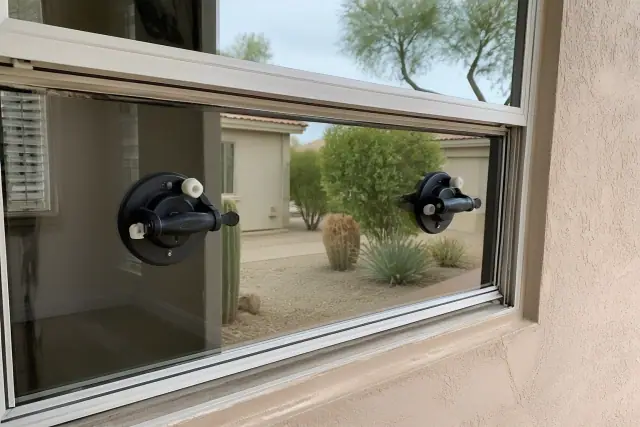 Replacement glass insert being installed in a window sash with suction tools at a home in Phoenix, AZ.